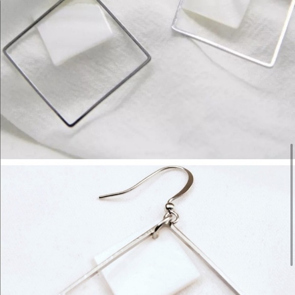 REAL SHELL! Geometric Dangle Drop Earrings Silver with Real Sea Shell! - Picture 5 of 5